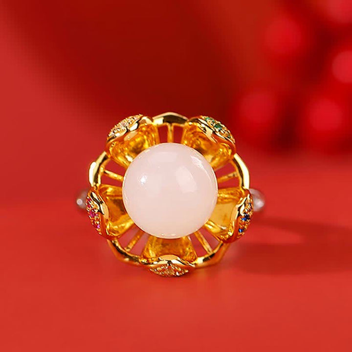 Anillo de éxito de flor de loto de jade cian blanco de plata de ley 925