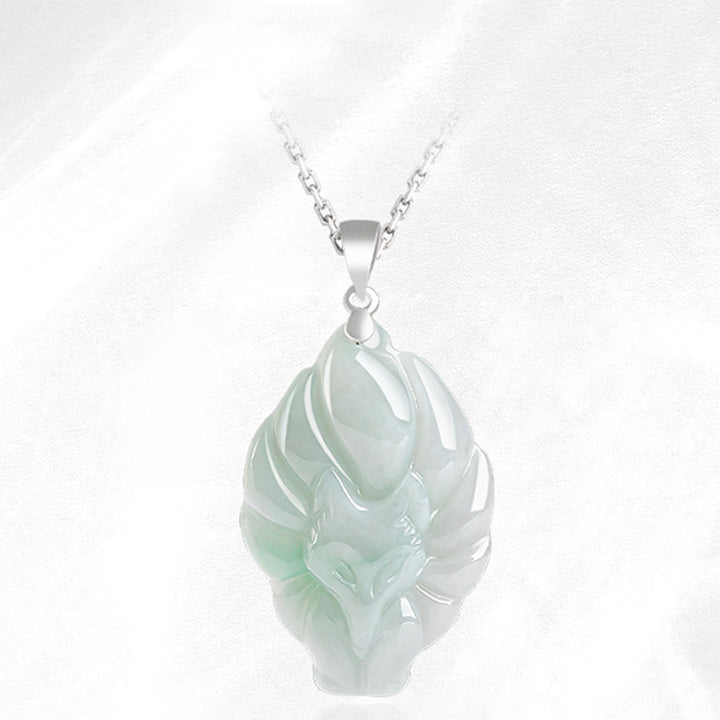 Colgante de collar de prosperidad de zorro de nueve colas de jade natural de plata de ley 925 con Buddha Stones