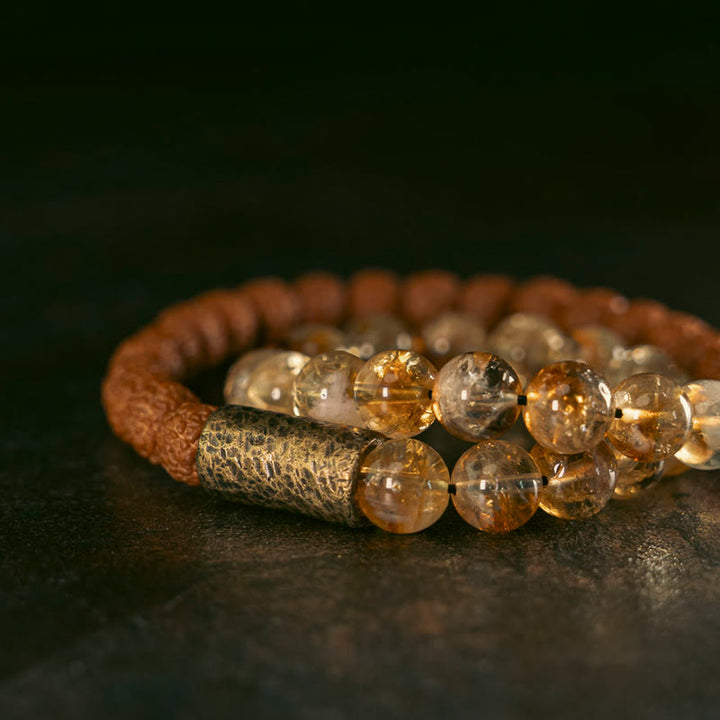 Buddha Stones, cristal de citrino Natural, Rudraksha, semilla de Bodhi, cuentas de latón, pulsera de doble envoltura para prosperidad