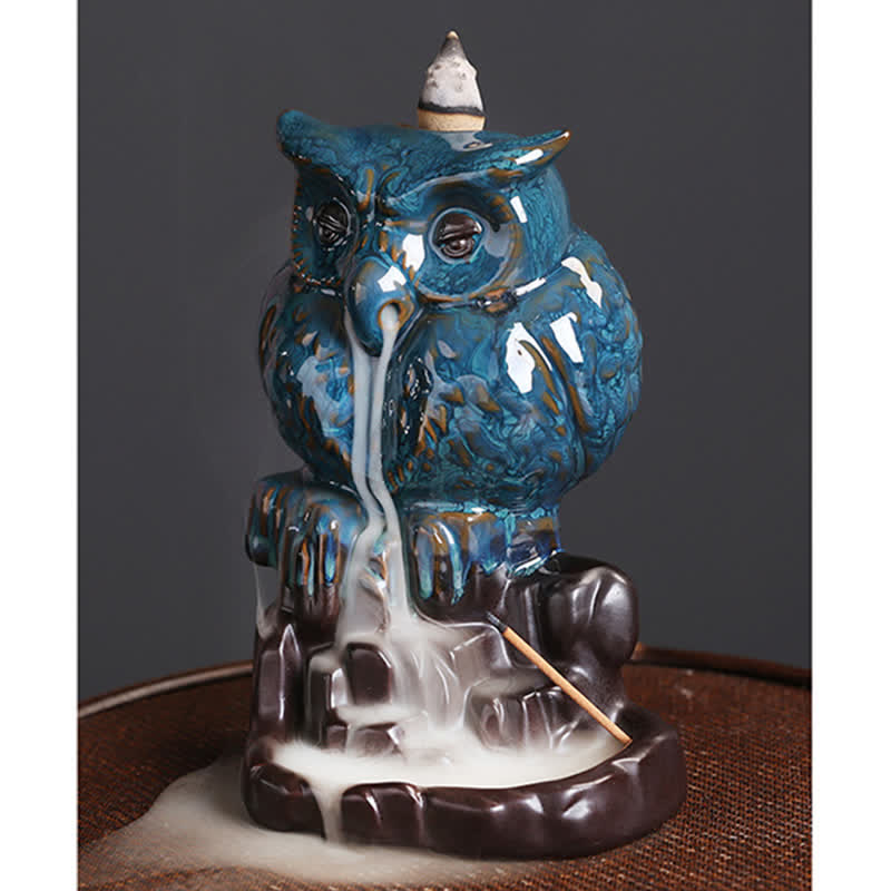 Quemador de incienso curativo para meditación, fuente de humo de reflujo de cerámica, búho bonito, decoración
