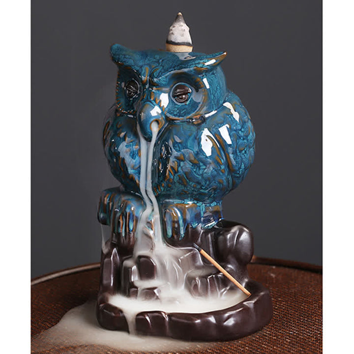Quemador de incienso curativo para meditación, fuente de humo de reflujo de cerámica, búho bonito, decoración