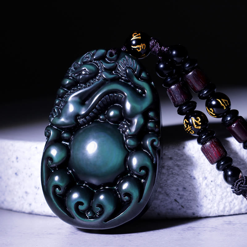 Collar PiXiu de obsidiana arcoíris positiva tibetana con Buddha Stones - L - image 0