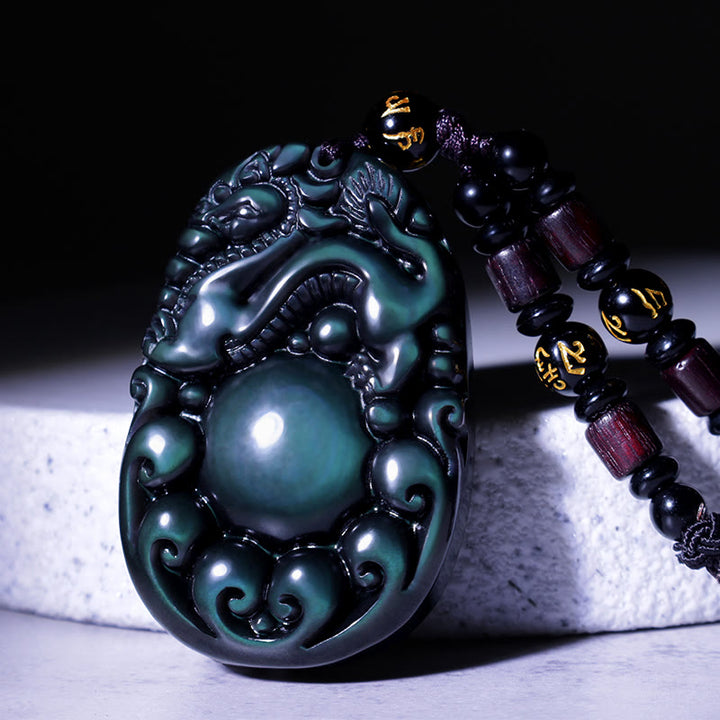 Collar PiXiu de obsidiana arcoíris positiva tibetana con Buddha Stones - L - image 0