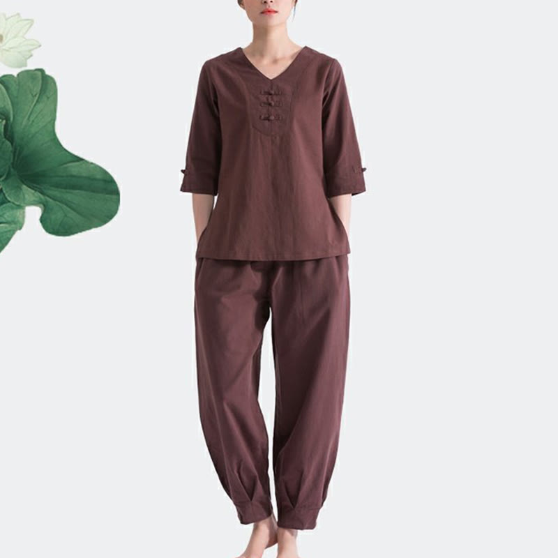 Conjunto de ropa de lino y algodón con diseño de cuello en V para mujer, uniforme de práctica Zen, Buddha Stones, Yoga, meditación y oración - image 8