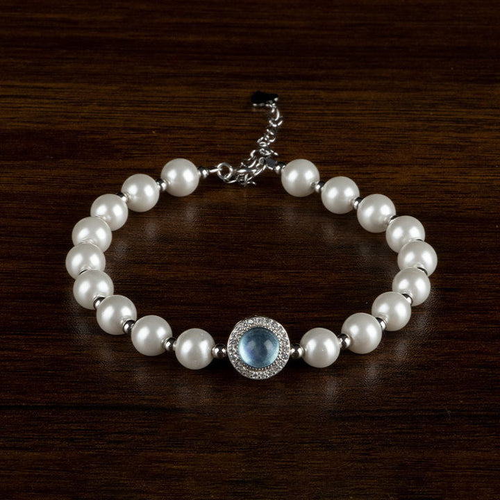 Anillo de pulsera de cadena curativa de calcedonia azul perla de plata de ley 925 con Buddha Stones