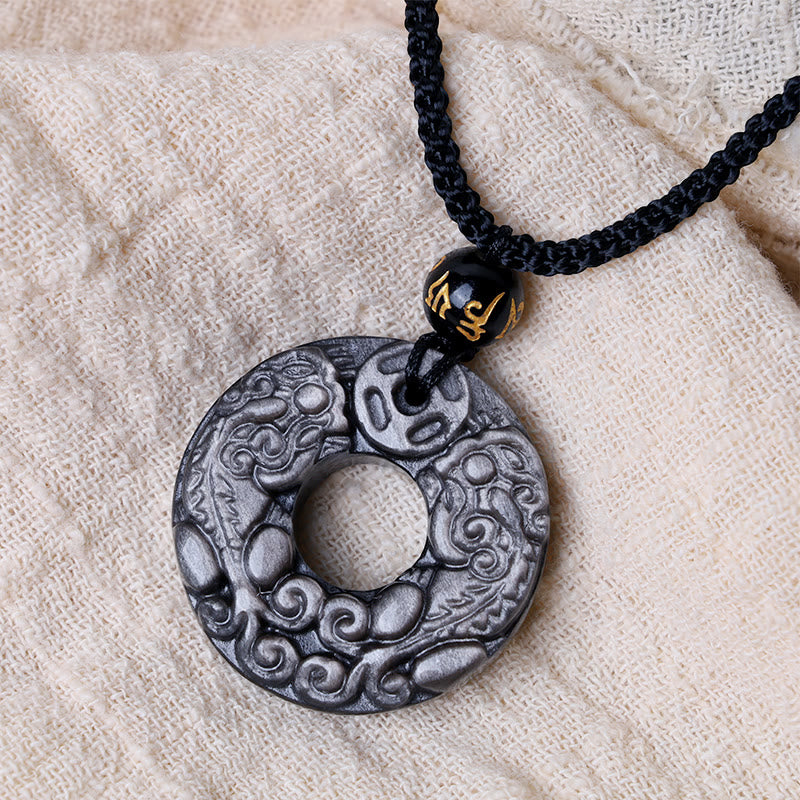 Colgante de collar de protección con hebilla de la paz, moneda de cobre PiXiu doble, obsidiana brillante de plata Natural , Buddha Stones - image 2