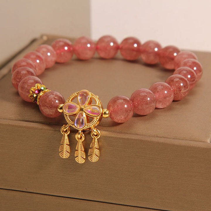 Pulsera de amor con dije de atrapasueños de trébol de cuatro hojas de cuarzo fresa Natural con Buddha Stones