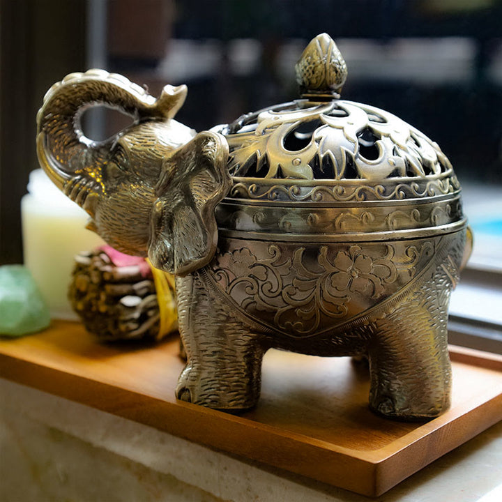 Quemador de incienso de aleación de elefante con Buddha Stones, decoración del hogar
