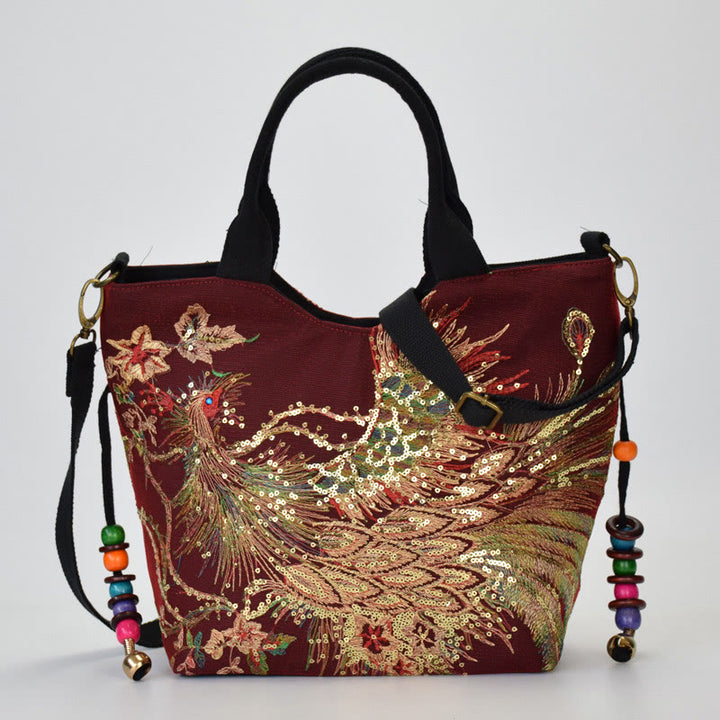 Bolso tote con bordado de pavo real y Buddha Stones, bolso de hombro, bolso cruzado - Pavo real rojo vino - Bolso de hombro/Bolso tote - image 16