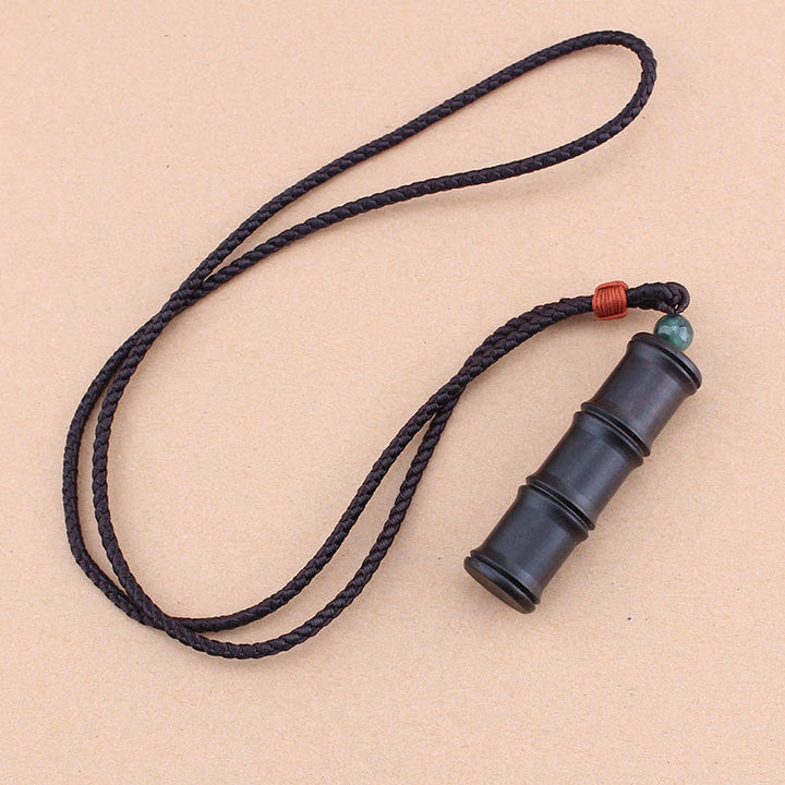 Buddha Stones madera de ébano patrón de bambú Ghau caja de oración collar de paz colgante