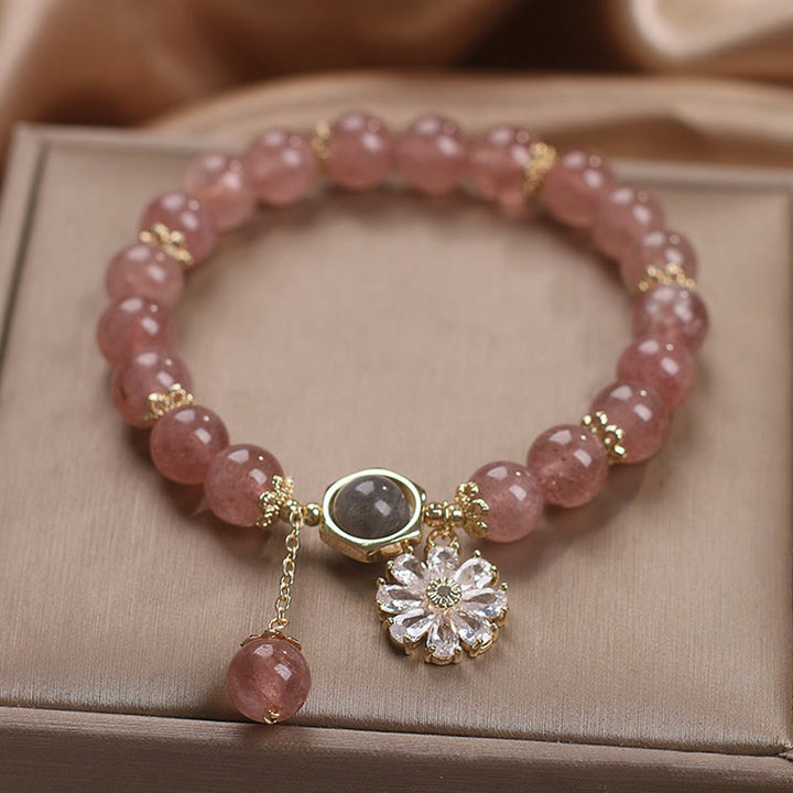 Pulsera curativa positiva con dije de flor de Margarita y cristal de cuarzo fresa Natural