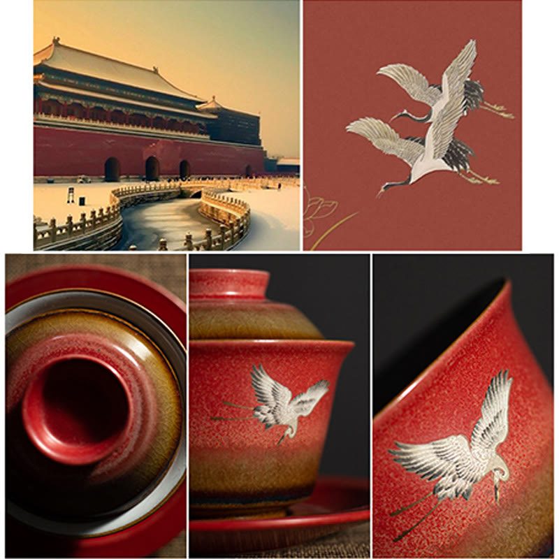 Taza de té y platillo con tapa, Gaiwan Sancai de cerámica con grulla roja, Buddha Stones, Kung Fu