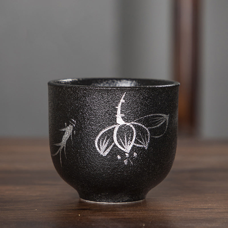 Buddha Stones, flor de loto pintada a mano, crisantemo de bambú, cerámica negra, taza de té de cerámica, taza de té de Kung Fu 95ml
