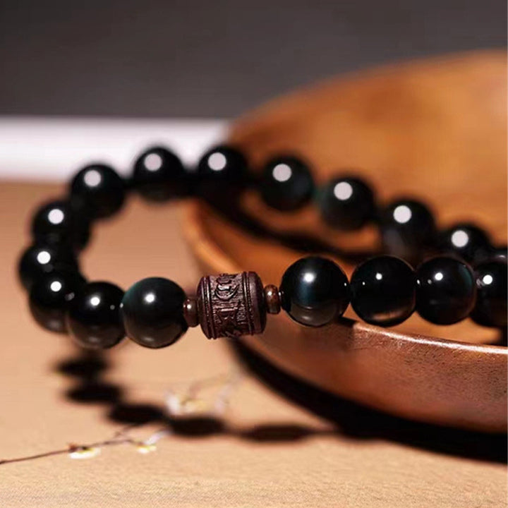 Pulsera curativa con carácter de obsidiana arcoíris de obsidiana con brillo de oro natural con Buddha Stones Om Mani Padme Hum Fu