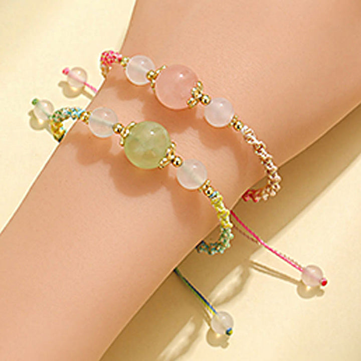 Pulsera de cuerda curativa con cuentas de ágata blanca y prehnita de cristal rosa de cuarzo fresa con Buddha Stones