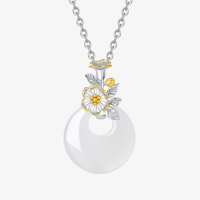 Colgante de collar de armonía de flores de doce meses de calcedonia redonda de plata de ley 925 con Buddha Stones