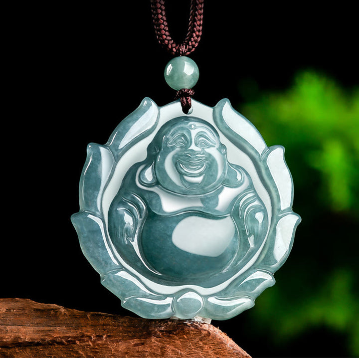 Colgante de collar de la suerte con diseño de loto de Buda sonriente de jade natural con Buddha Stones - image 3