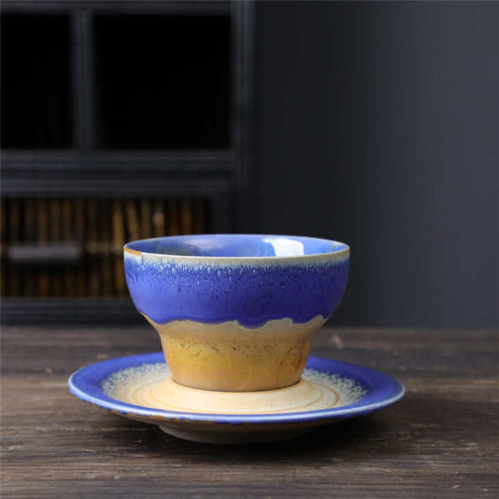 Taza de café de cerámica con diseño de planeta de Buddha Stones, taza de café y té de cerámica rugosa con platillo