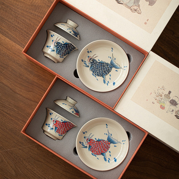 Buddha Stones Koi Arowana cerámica Gaiwan Sancai taza de té Kung Fu con tapa 130ml