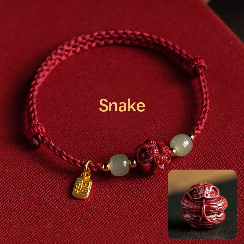 Pulsera de cuerda de la suerte con carácter de Jade Hetian del zodíaco chino cinabrio Natural de Buddha Stones