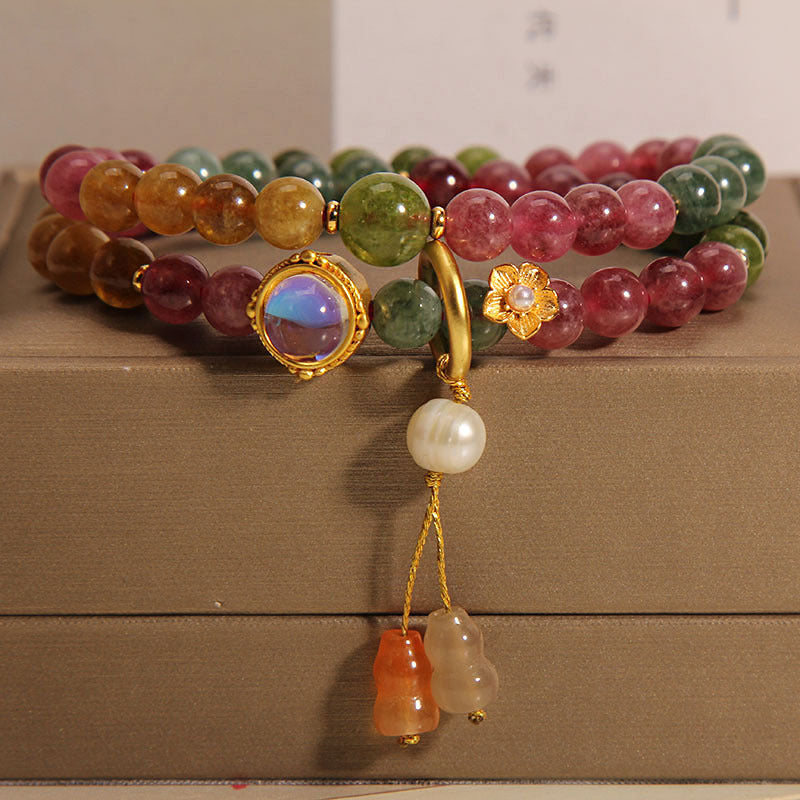 Pulsera con dije de calabaza de doble vuelta positiva con turmalina multicolor y Buddha Stones