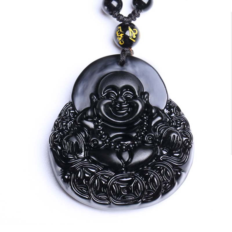 Collar con colgante de protección de fuerza de obsidiana negra de Buda sonriente con Buddha Stones - image 6