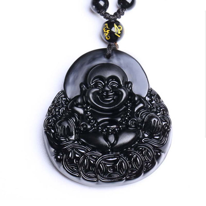 Collar con colgante de protección de fuerza de obsidiana negra de Buda sonriente con Buddha Stones - image 6