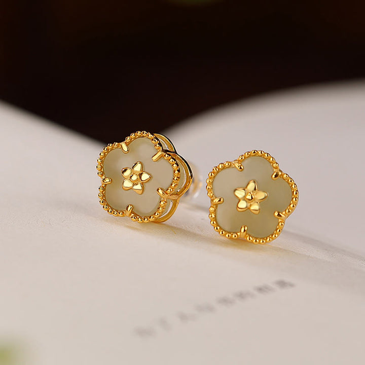 Pendientes de plata de ley 925 con Buddha Stones , jade hetiano y flor de ciruelo