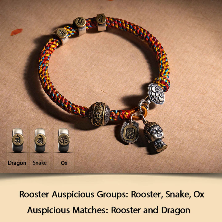 Buddha Stones hechas a mano tibetana de plata de ley 925, zodíaco chino, Buda natal Zakiram, diosa de la protección de la riqueza, pulsera trenzada de cuerda multicolor