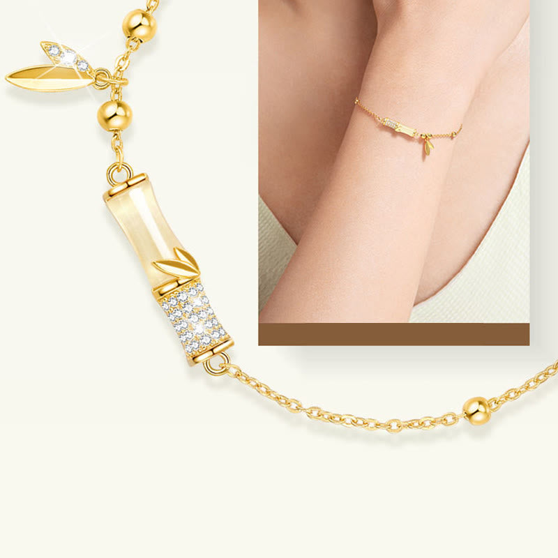 Pulsera de la suerte con hojas de circón de bambú y jade blanco chapada en oro de 18 quilates de plata de ley 925 con Buddha Stones