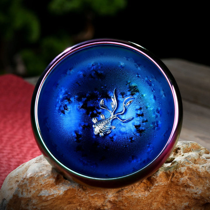 Taza de té de cerámica con incrustaciones de Jianzhan chino, con forma de Buddha Stones , loto, fénix, pez koi, pavo real, cambio de horno, taza de té de kung fu