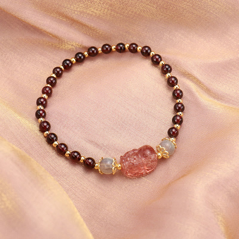 Pulsera de protección de piedra lunar PiXiu de cuarzo fresa granate turmalina natural de Buddha Stones