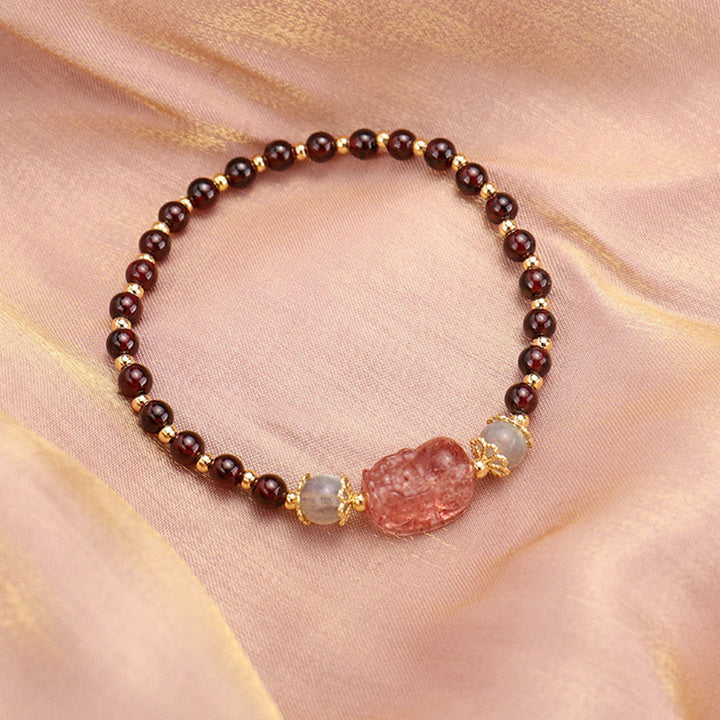 Pulsera de protección de piedra lunar PiXiu de cuarzo fresa granate turmalina natural de Buddha Stones