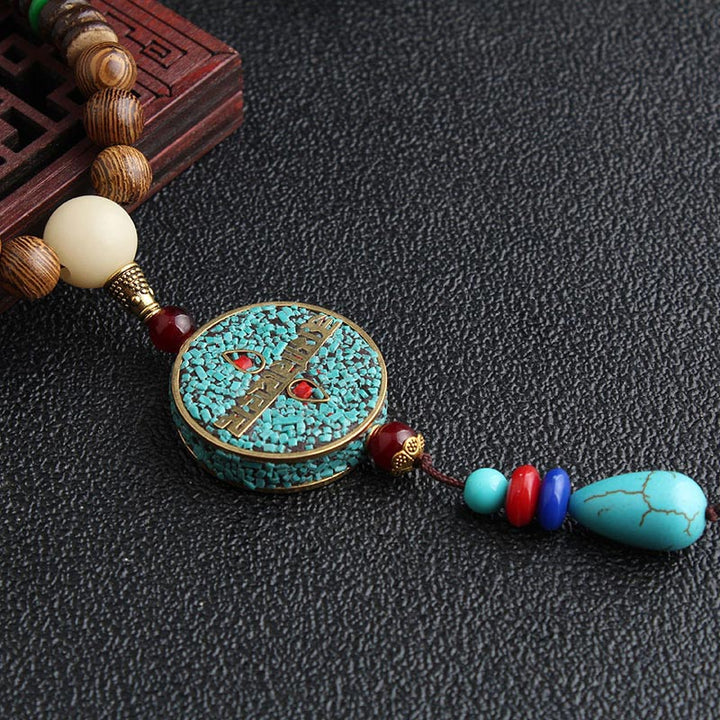 Collar de meditación de madera de wengué con cuentas Dzi de turquesa y Buddha Stones