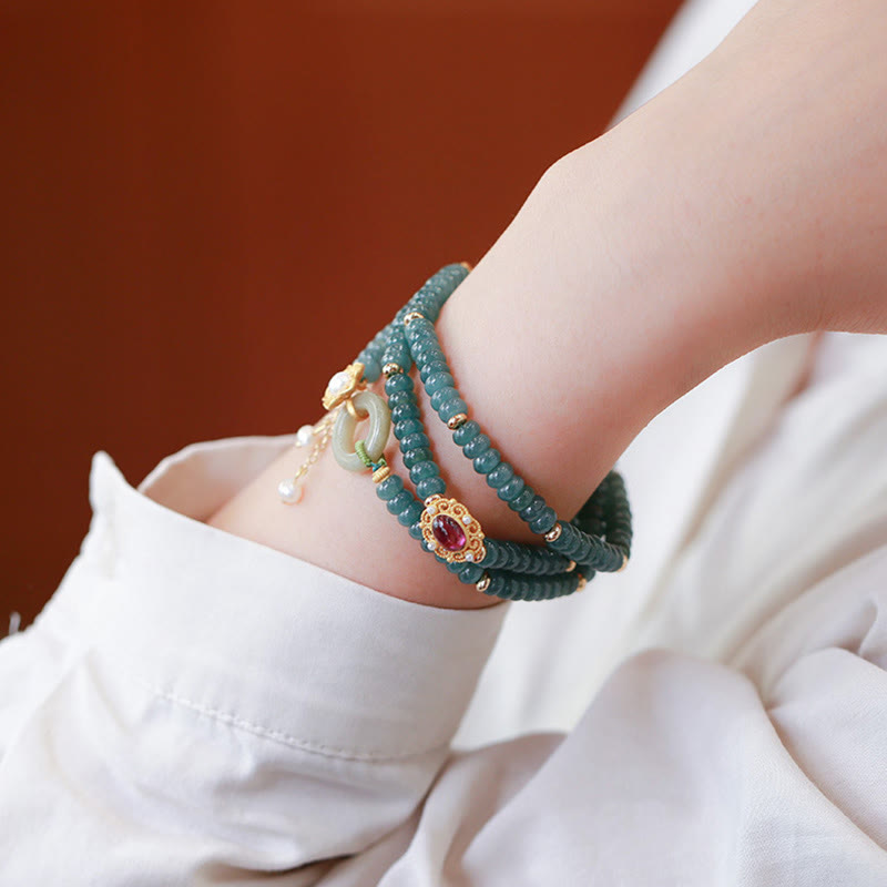 Pulsera de triple vuelta con hebilla de paz y flor de jade cian chapada en oro de plata de ley 925 con Buddha Stones