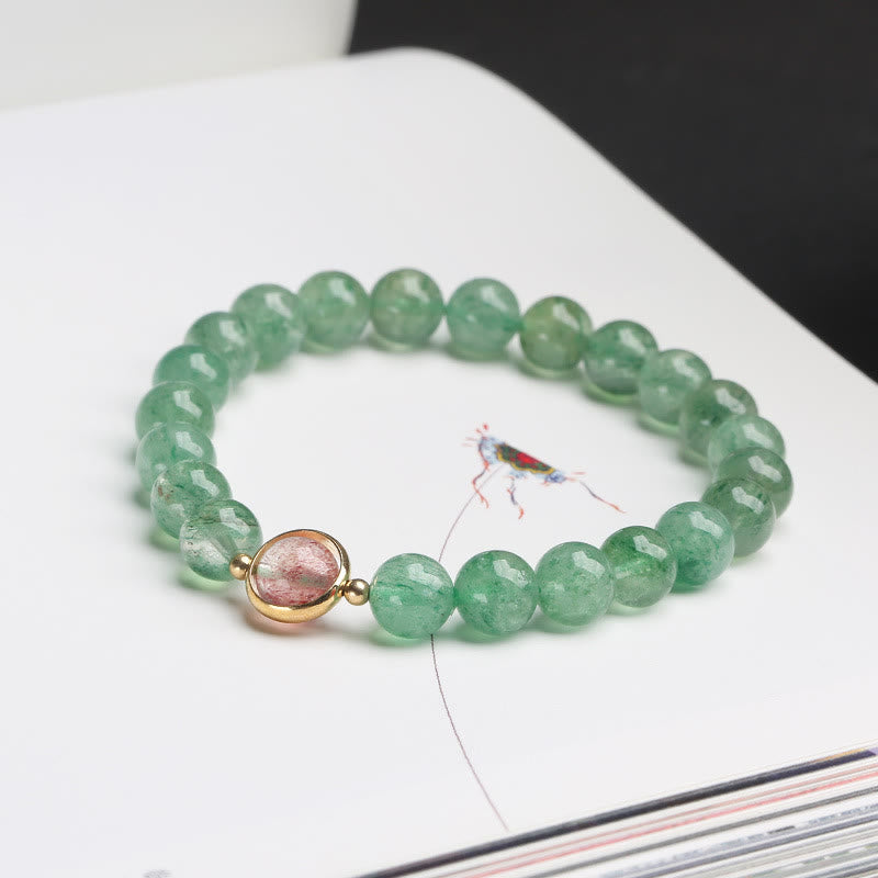Pulsera de cuentas relajantes de cuarzo fresa verde natural con Buddha Stones
