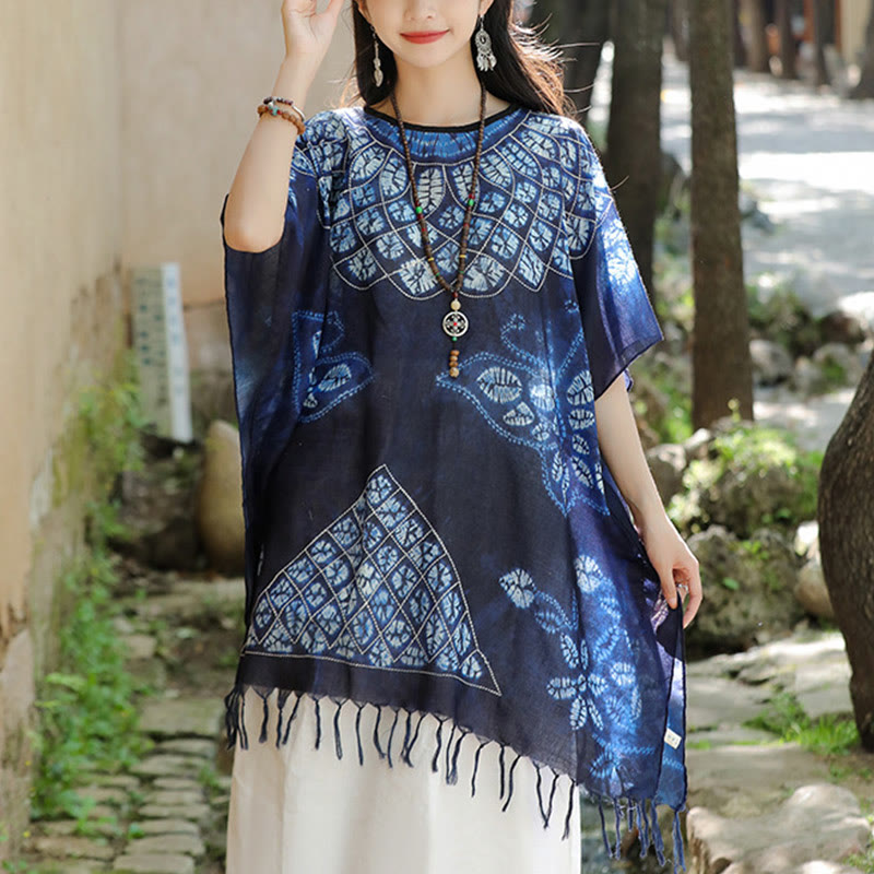 Jersey de viaje acogedor con borlas y chal Batik de mariposa azul con Buddha Stones 90*95cm