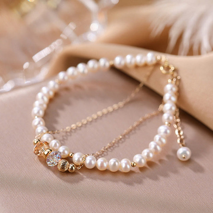 Pulsera de doble capa curativa con cristales de perlas naturales chapada en oro de 14 quilates de plata de ley 925 con Buddha Stones