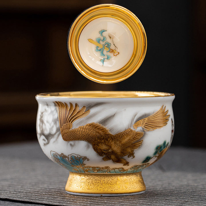 Taza de té de cerámica dorada con Buddha Stones, águila dorada, dragón auspicioso, sol, olas del océano, taza de té de Kung Fu