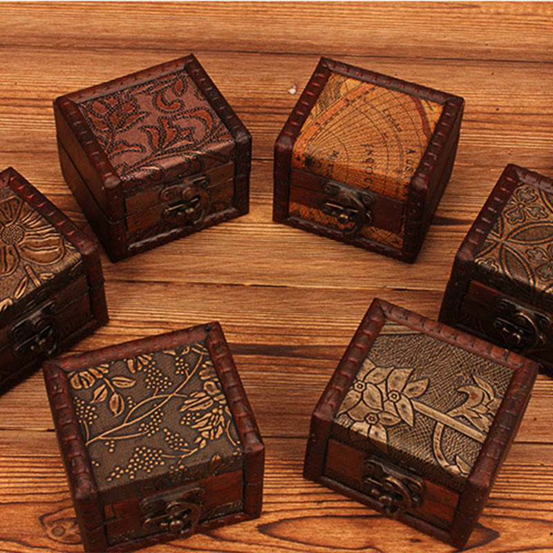 Caja de joyería de madera cuadrada pequeña Retro con Buddha Stones , flor de loto, uva, cobre, moneda, narciso, caja de almacenamiento de joyería