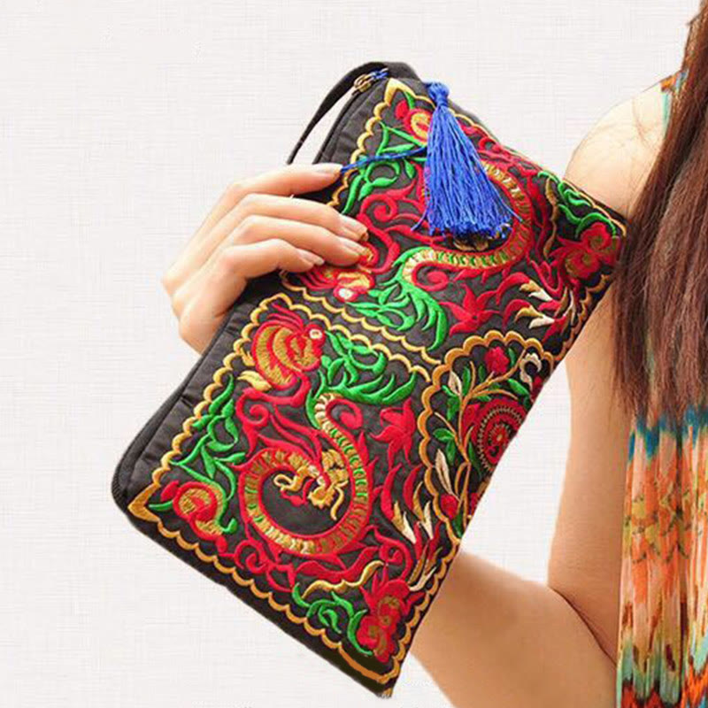 Cartera de compras con bordado de flores de Buddha Stones, dragón, mariposa, cosmos