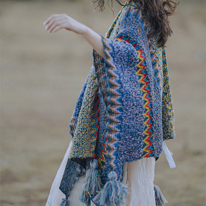 Mantón tibetano de Buddha Stones, capa de punto suave y cálida, bufanda tibetana con borlas de invierno