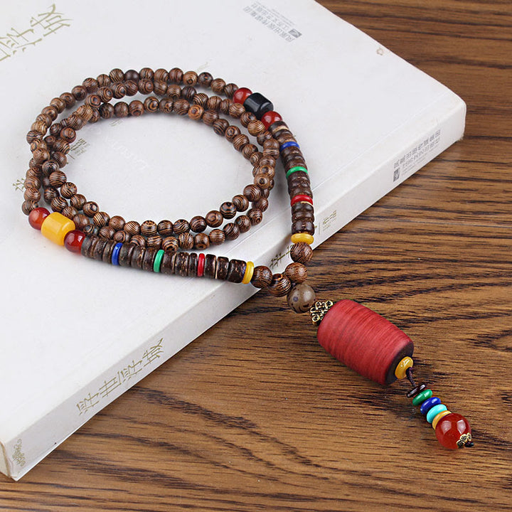 Buddha Stones, colgante de collar de paz de equilibrio de ágata de semilla Bodhi de madera de wengué tibetano