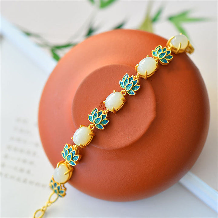 Pulsera de Protección de Loto de Jade Cian de Jade Blanco con Buddha Stones