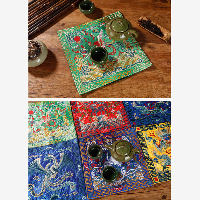 Tapete para tazas bordado con Buddha Stones, grulla, dragón Fénix, Kirin, posavasos para tazas de té, tapete para té cuadrado Kung Fu