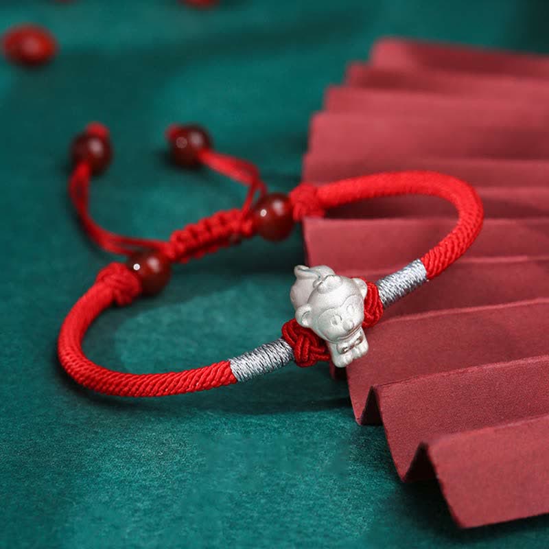 Pulsera de hilo rojo de la fuerza de la suerte del zodíaco chino de plata de ley 999 con Buddha Stones