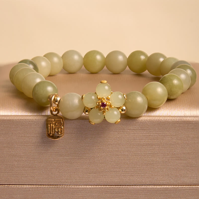 Pulsera de la suerte con dije de personaje Fu de flor de jade verde con Buddha Stones