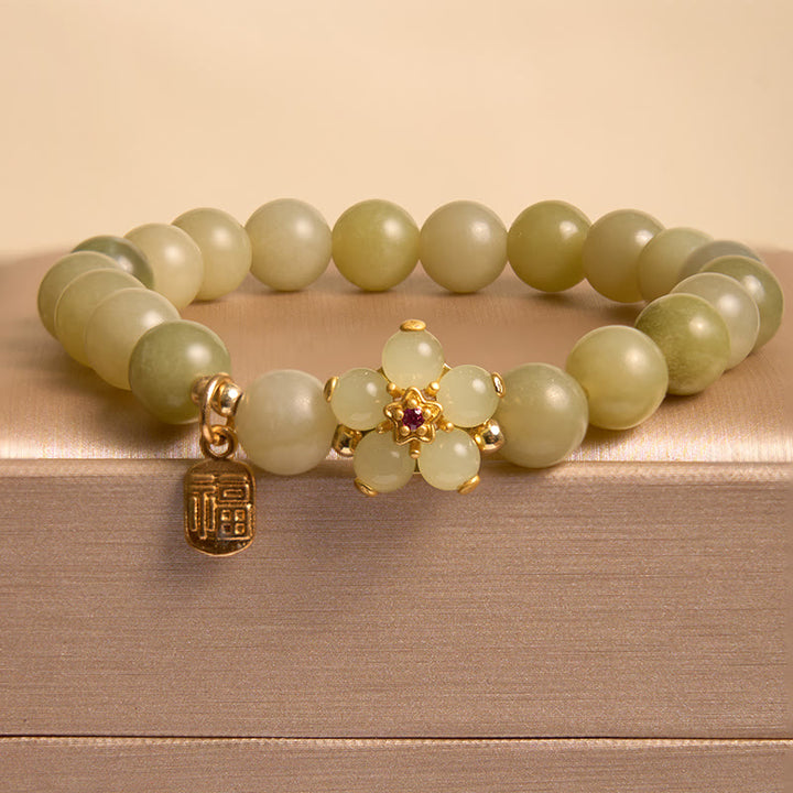 Pulsera de la suerte con dije de personaje Fu de flor de jade verde con Buddha Stones