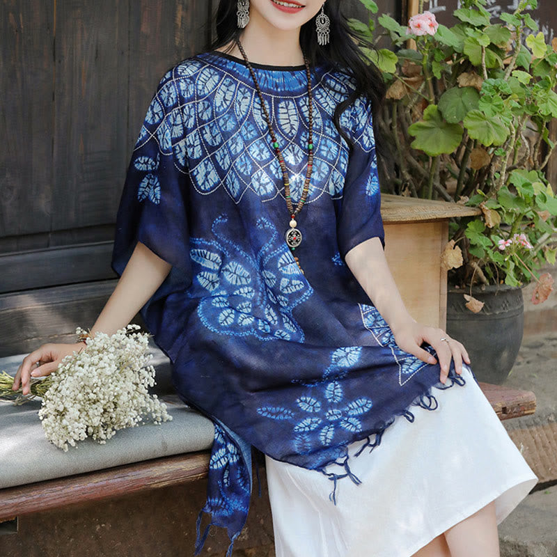 Jersey de viaje acogedor con borlas y chal Batik de mariposa azul con Buddha Stones 90*95cm