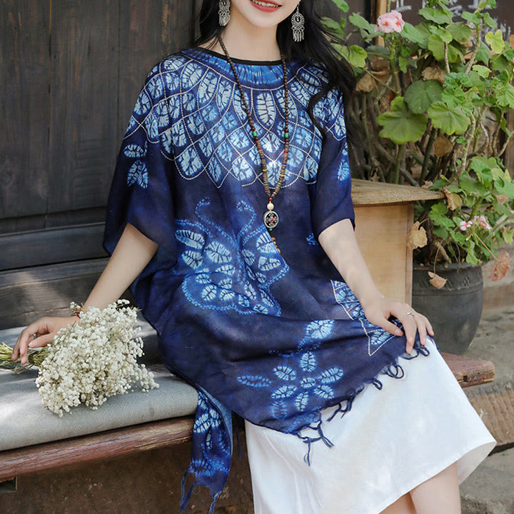 Jersey de viaje acogedor con borlas y chal Batik de mariposa azul con Buddha Stones 90*95cm